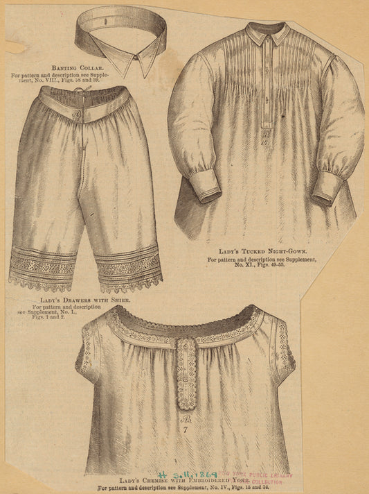 Banting collar ; Lady's drawers with shirt ; Lady's tucked night-gown ; Lady's chemise with embroidered yoke