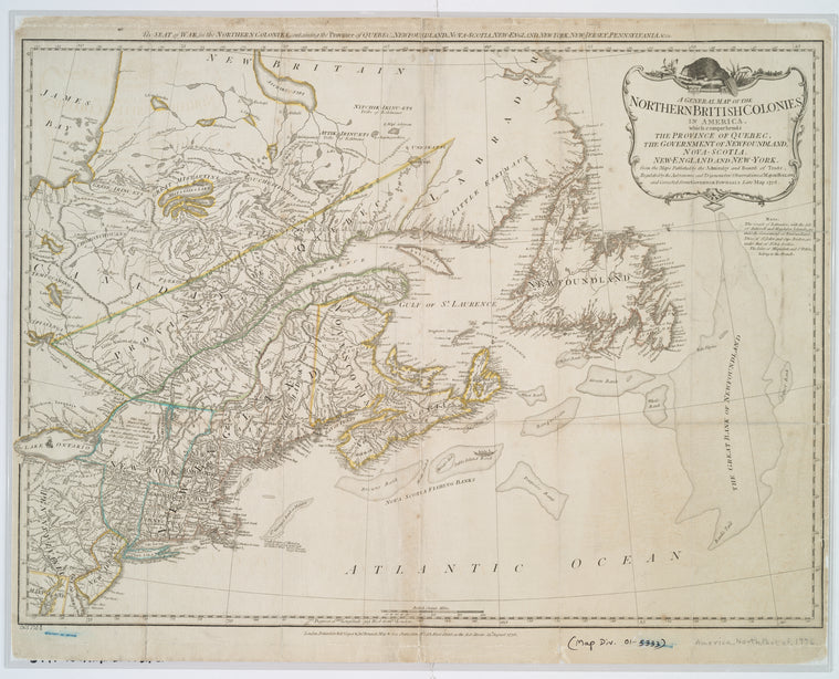 A general map of the northern British colonies in America: which comprehends the province of Quebec, the government of Newfoundland, Nova-Scotia, New-England and New-York
