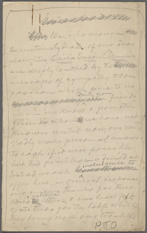 Acknowledgment of sympathy on the death of Susan Olivia Clemens, Holograph draft, signed.