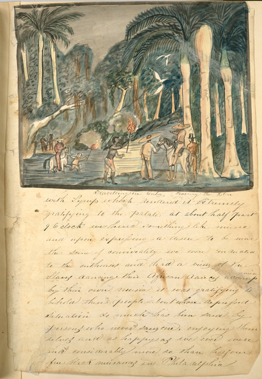 Travelling in Cuba : crossing the Hibar [Men crossing river at night on horse and by foot.].