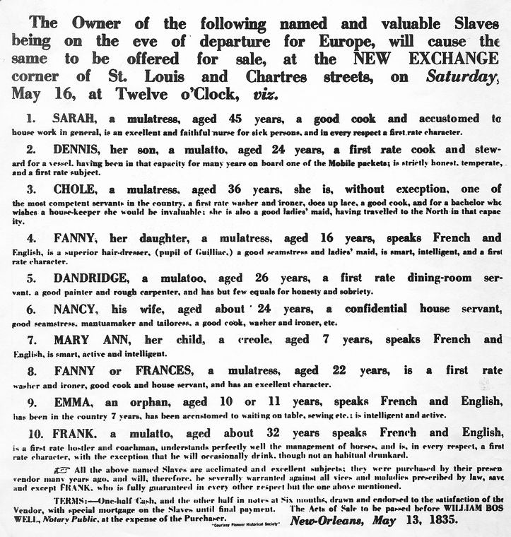 Notice of slave auction, "The owner of the following named and valuable slaves being on the eve of departure for Europe..."