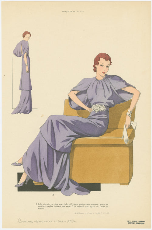 Robe du soir en crêpe mat violet vif ; façon tunique très moderne.