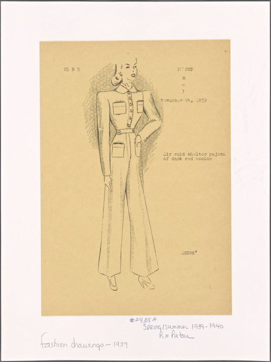 Air raid shelter pajama of dark red woolen.