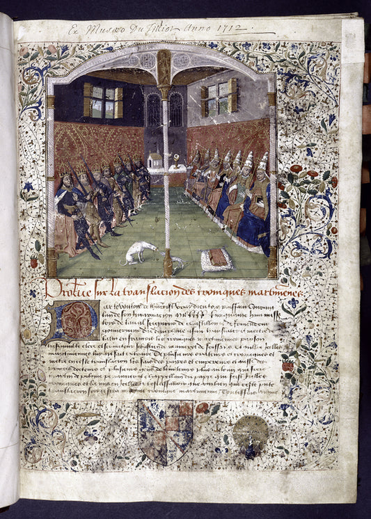 Opening of prologue describing translation.  Large miniature of emperors and popes, seated facing one another; initial, rubric, border design.  Coat of arms (partially defaced) of Jacques d'Armagnac